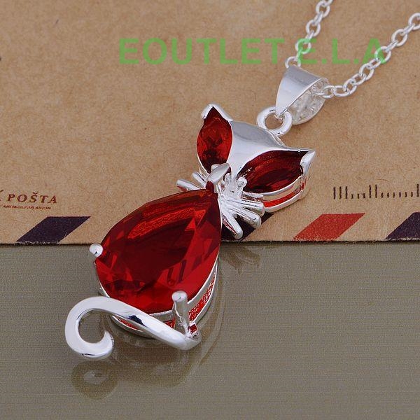 38mm CUTE RED CZ KITTY SILVER NECKLACE-46cm